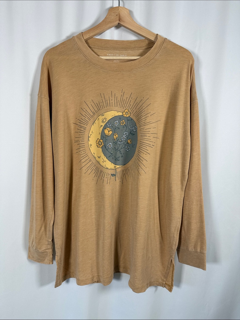 American Eagle Outfitters Long Sleeve Tee in Camel with Moon Floral Graphic